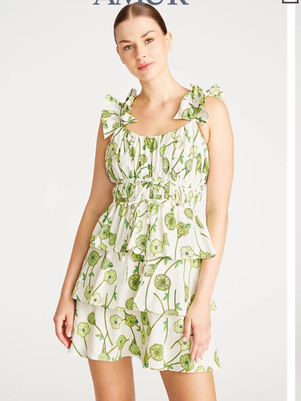 NWOT AMUR Clay Ruffle Mini Dress in Green Daylily Bouquet Toss
